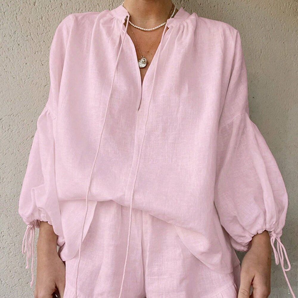 Pink Cute Sweet Women's Long Sleeve Tie-Up V-Neck Pj Set
